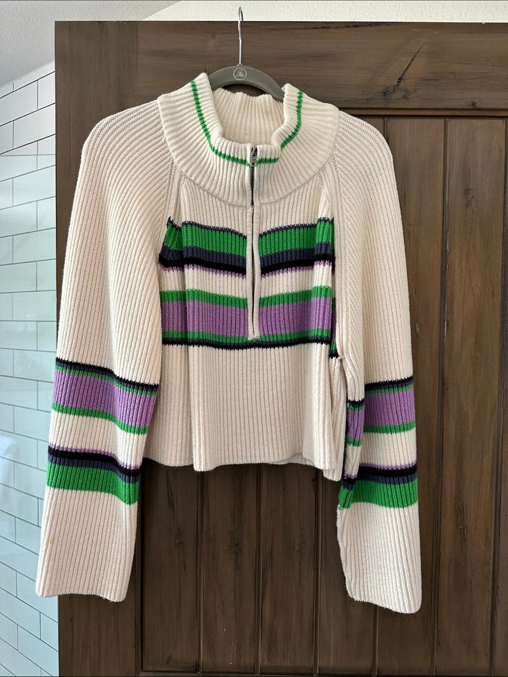 Free People Cream Half-Zip Knit Sweater with Green & Purple Stripes